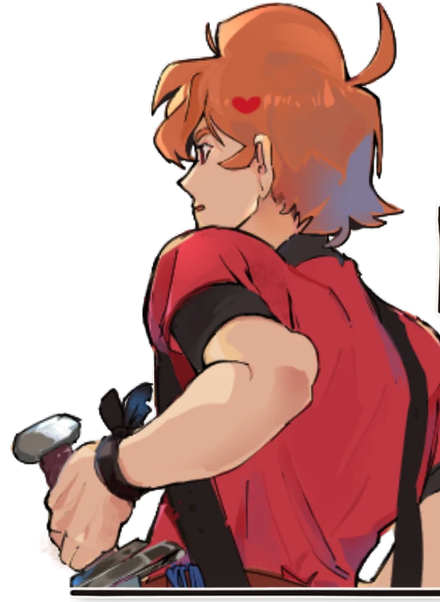 Official Heartfall key art character, orange hair and a red shirt, from the Kazehita logo